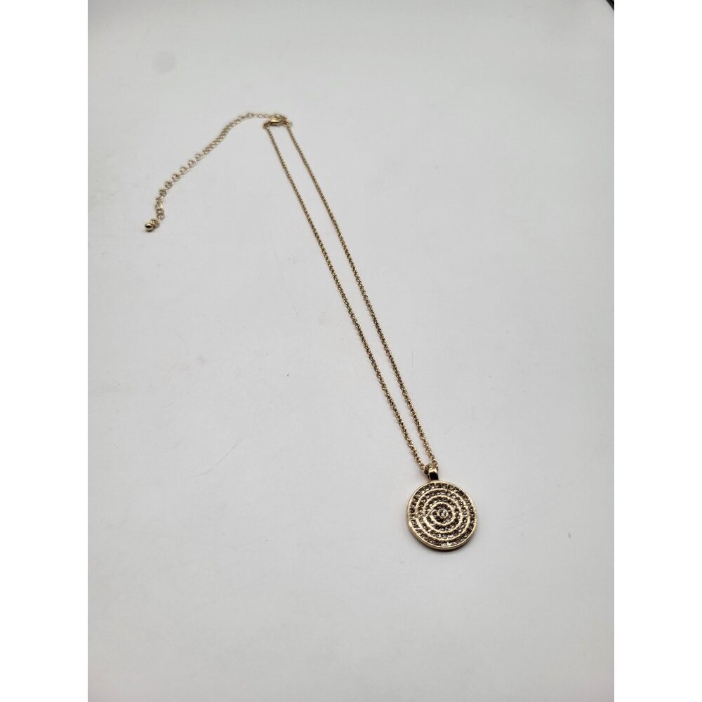 Gold Tone Medallion Pendant Necklace Spiral Circle with Rhinestones Minimalist C - Picture 4 of 10